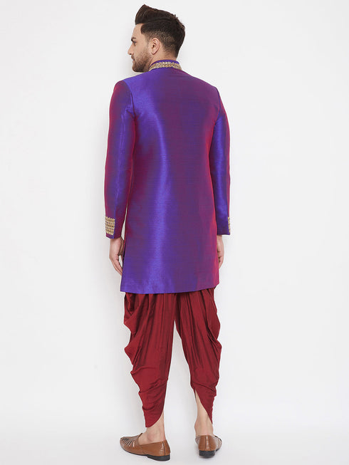 Vastramay Men's Purple Silk Blend Sherwani Set
